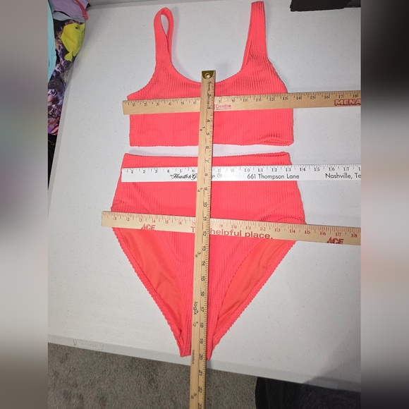 Old Navy Coral Tropics Ribbed High-Waist Hi-Coverage Bikini Set Size M - Picture 13 of 16